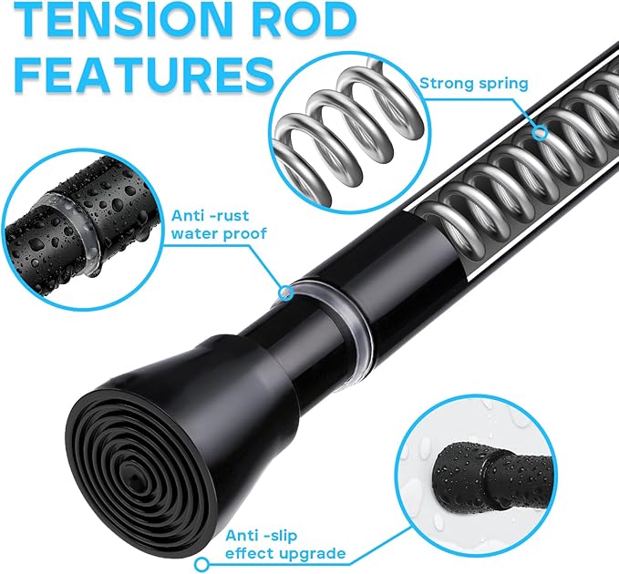 Black Shower Curtain Rod 30 To 64 Inch Tension Shower Rod For Bathroom 7/8" Adjustable Spring Curtain Rod No Drilling Spring Curtain Rod Black Tension Tension Rods for Windows Doorway Closet