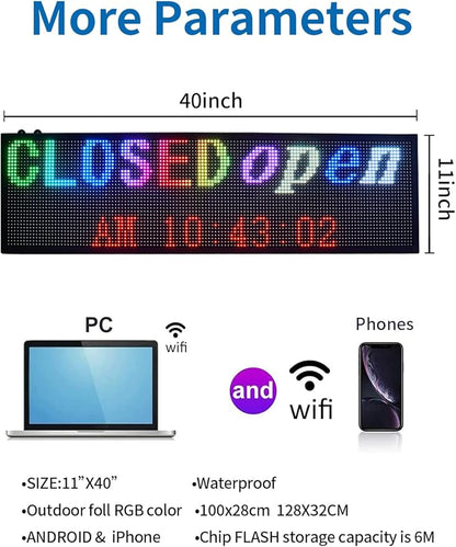 Commercial P7 LED Sign Board: 40x11 Inch Waterproof Double-Sided Full-Color Display with USB & WiFi for Programmable Scrolling Messages, High-Brightness for Indoor/Outdoor All-Weather Use