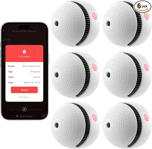 6-Pack Smart Smoke Detector with 10-Year Battery(Replaceable),Wi-Fi Smoke Detector with Smart Life App Notifications,Mini Size Fire Alarm for Home,RV,Easy Install