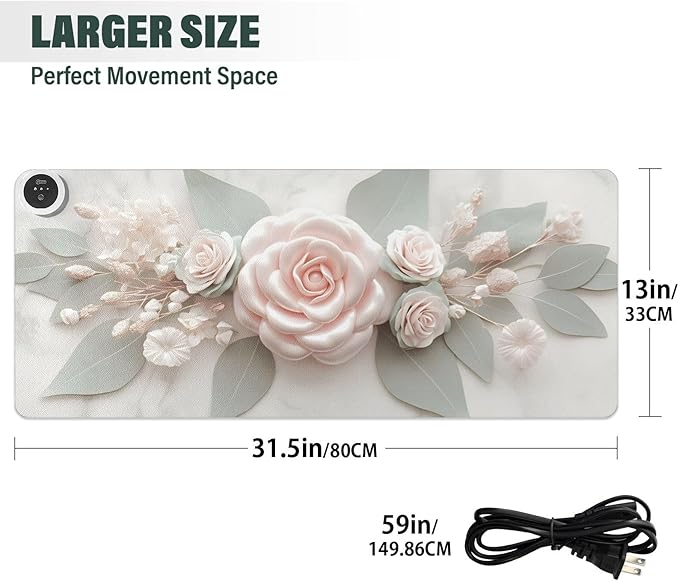 Large Heated Mouse Pad,Leather Desk Mat,31.5"x13",Hand Warmer Pads for Desk,Rose(Cream)
