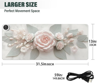 Large Heated Mouse Pad,Leather Desk Mat,31.5"x13",Hand Warmer Pads for Desk,Rose(Cream)