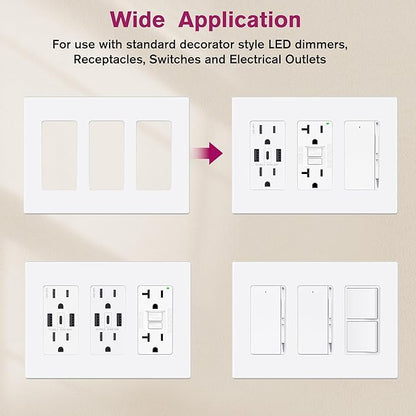 EMITEVER 3-Gang Screwless Decorator Wall Plate Cover for Receptacle Outlet & Light Switch, Standard Size 4.53"H x 6.38"W, Unbreakable Thermoplastic Faceplate, UL Listed, Matte White 5-Pack