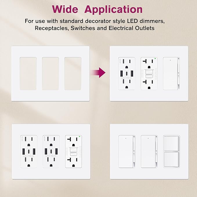 EMITEVER 3-Gang Screwless Decorator Wall Plate Cover for Receptacle Outlet & Light Switch, Standard Size 4.53"H x 6.38"W, Unbreakable Thermoplastic Faceplate, UL Listed, Matte White 1-Pack