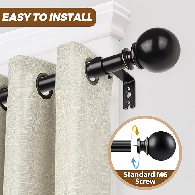 KAMANINA Black Curtain Rods for Windows 66 to 120 Inches (5.5-10ft), Long Heavy Duty Curtain Rod, 7/8 Inch Decorative Drapery Rod with Round Finials