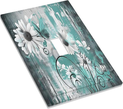 Decorative Light Switch Cover Teal Daisy Floral Vintage Wood Plank 1 Gang Single Toggle Device Electrical Faceplate Switchplates Decorator Outlet Wall Plate For Farmhouse Cabin Decor