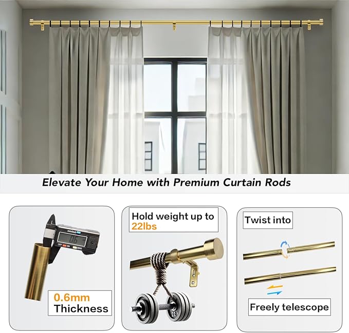 Gold Curtain Rod for Windows 18 to 45 Inches, 1 Inch Adjustable Drapery Pole, Heavy Duty Outdoor/Indoor Modern Curtain Rods, Easy Installation(Warm Gold 18"-45")