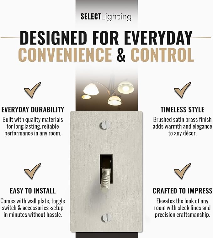 Select 15A 120V AC 1-Gang Toggle Switch, Vintage Satin Nickel Plated Single Pole 3 Way Compatible Wall Mount Toggle Switch, Included Faceplate & Switch Module, UL Listed