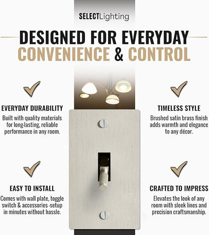 Select 15A 120V AC 1-Gang Toggle Switch, Vintage Satin Nickel Plated Single Pole 3 Way Compatible Wall Mount Toggle Switch, Included Faceplate & Switch Module, UL Listed