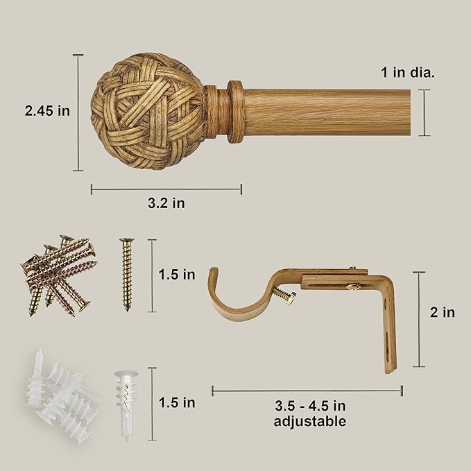 Faux Wood Style Curtain Rod Set with Faux Rattan Look Finial, 36-72 inch, Standard Single Drapery Rod for 1 Pack, 1 inch diameter, Adjustable Length