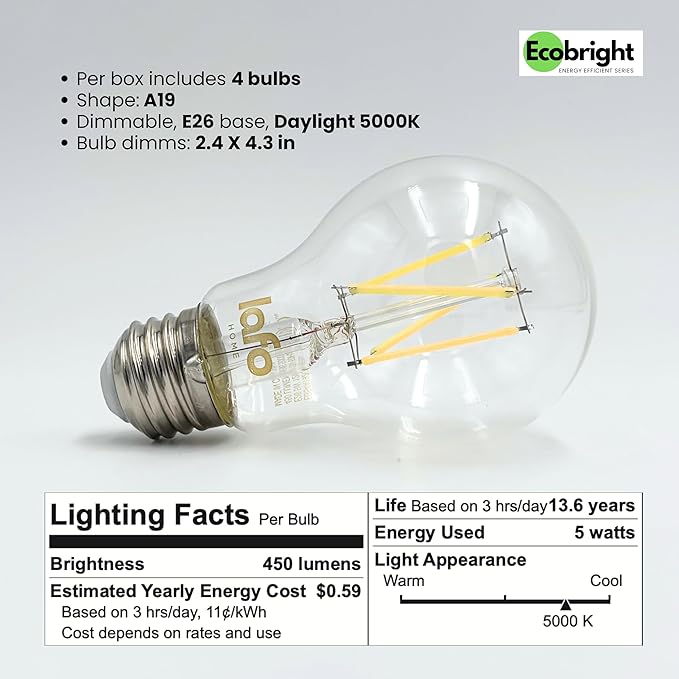 EcoBright 4PK Dimmable A19 LED Filament Bulb 40W Equivalent 5W E26 Base 450 Lumens CRI90 Flicker Free Clear Glass Energy Star Title 20 Daylight 5000K for Lamps Ceiling Fixtures and Indoor Use