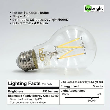 EcoBright 4PK Dimmable A19 LED Filament Bulb 40W Equivalent 5W E26 Base 450 Lumens CRI90 Flicker Free Clear Glass Energy Star Title 20 Daylight 5000K for Lamps Ceiling Fixtures and Indoor Use