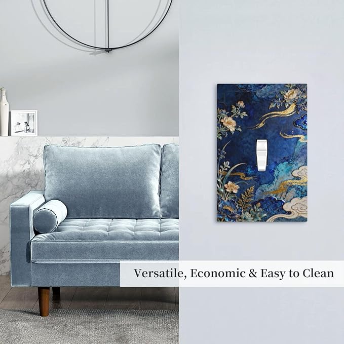 Decorative Light Switch Cover Plate Blue White Flower Gold Line Cloud 1 Gang Single Toggle Wall Plates for Electrical Outlet Covers Switch Plate Covers Faceplate for Bedroom Home Decor