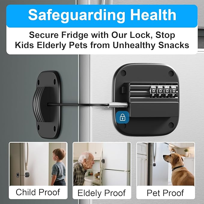 2 Pack Fridge Lock with Combination, No Key Required, Upgrade Refrigerator Lock with Adhesive and Screws, Freezer Cabinet Pantry Drawer Latch to Keep Door Closed, for Kids Adults Cats & Dogs, Black
