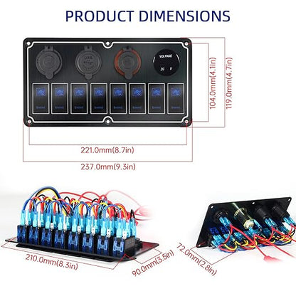 Waterproof 8 Gang Toggle Switch Panel with Dual USB Charger & Voltmeter - Overload Protection for RV, Marine, Car, Truck - Compatible with Auxbeam Boat Switch Panel