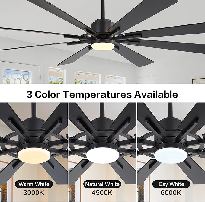 WINGBO 80" DC Ceiling Fan with Lights and 3 Downrods, Matte Black Ceiling Fan, 8 Plywood Blades, 6-Speed Reversible DC Motor, Large Ceiling Fans for Kitchen Bedroom Living Room