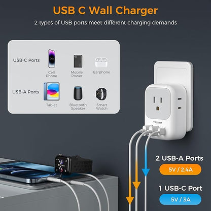 Italy Travel Plug Adapter 2 Pack, TESSAN Italy Power Adaptor with 4 Outlets 3 USB Charger (1 USB C Port), Type L Adapter for US to Chile Libya Syria Tunisia Uruguay
