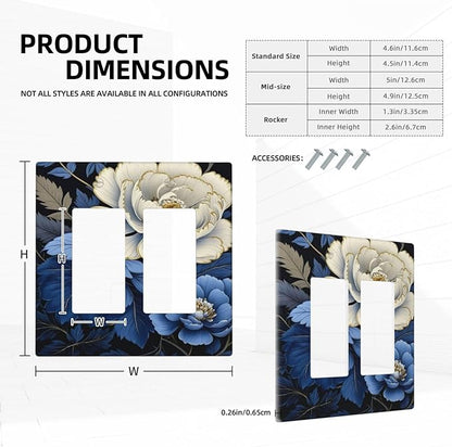 Blue White Flowers Dual Outlet Covers Wall Plate 2 Gang Rocker Decora Decorative Switchplate Electrical Faceplate GFCI Light Switch Covers for Farmhouse Living Decor