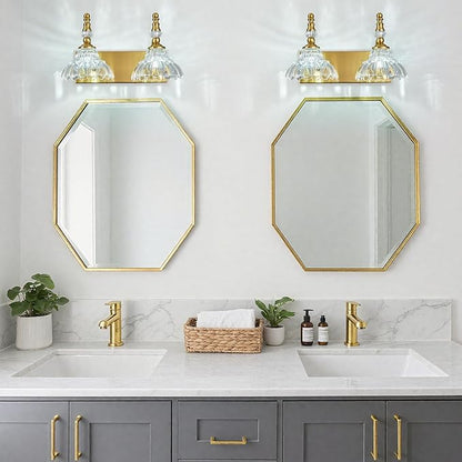 Vintage Bathroom Vanity Light, 2-Light Gold Vanity Lighting Fixture with Flower Glass Shade, Bathroom Lighting Fixtures Over Mirror
