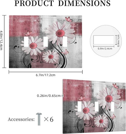 Decorative Switch Plates Pink Floral Rustic Daisy Flower And Butterfly 3 Gang Wall Plate Faceplate Triple Toggle Light Switch Cover Electrical Wall Panels for Farmhouse Cabin Decor
