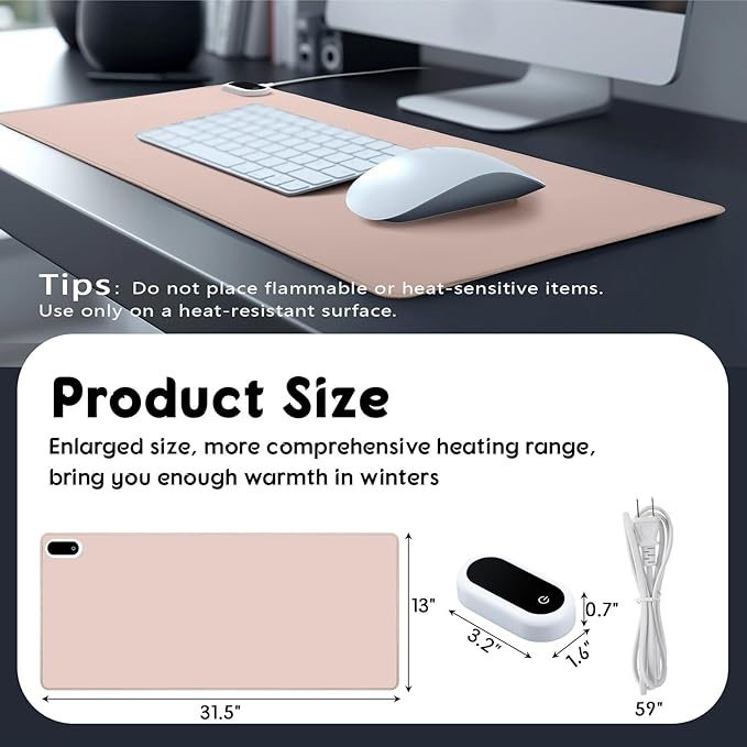 Konohan Heated Large Desk Mat PU Leather Warm Mouse Pad with 5 Heating Level & 4 Hour Auto Shut-Off Heating Keyboard Pad Warmer Gaming Mice Mat Only Supports 110v(Khaki Color,31.5" X 13")