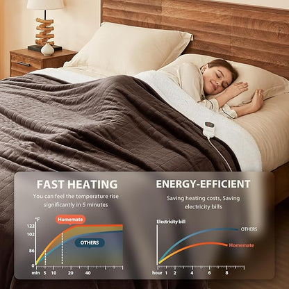 Homemate Electric Heated Blanket Twin - 62"x84" Heating Bed Blankets Throw with 10 Heating Levels 8 Hours Auto Off Fast Heating Over-Heated Protection Ultra Soft Warm Flannel ETL Certified Brown
