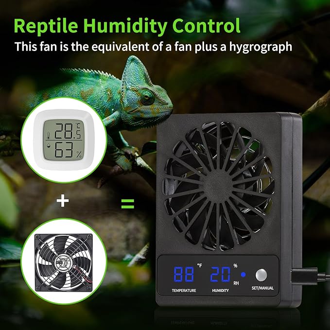 2 PCS Reptile Fans with Thermo-hygrometer | Real-Time Humidity Control Fan Dehumidifier for Enclosures, Aquariums & Terrariums