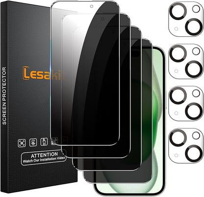 4+4 Pack Privacy Screen Protector for iPhone 15 6.1-Inch with 4 Pack Camera Lens Protector, Anti Spy Tempered Glass Film 9H Hardness Case Friendly