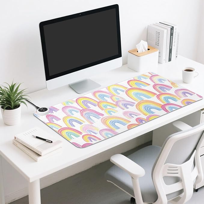 Heated Desk Pad Mouse Pad 31.5x13 Inch PU Leather Desk Mat with 3 Heat Levels Large Mouse Gaming Computer Laptop Mat Gradient Cute Rainbows