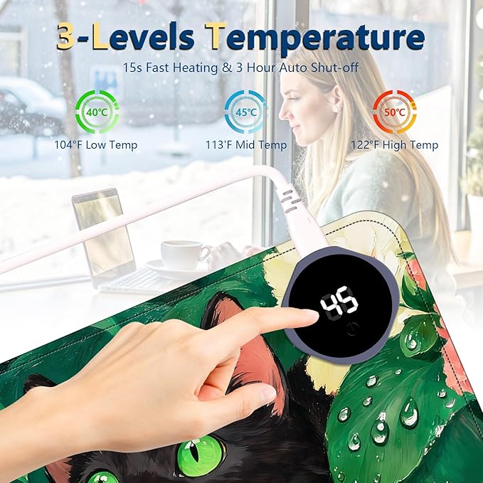 Heated Mouse Pad with 3 Temperature Settings(104°F–122°F),Large 24x14.2 Inch PU Leather Heated Desk Mat,Waterproof Warming Pad for Office,Gaming & Cold Hands Relief,Flower Black Cat Art