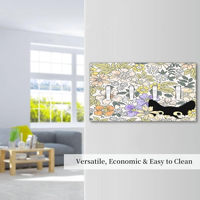 Decorative Light Switch Plate Covers Cute Black Cat in a Flower Patch Botanical Garden 4 Gang Artistic Wall Plate Unique Quad Toggle Light Switch Covers for Bedroom Home Decor