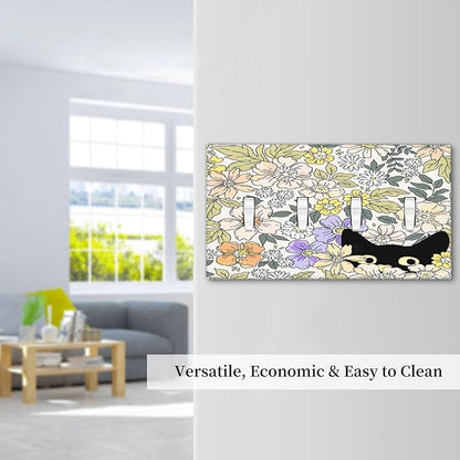 Decorative Light Switch Plate Covers Cute Black Cat in a Flower Patch Botanical Garden 4 Gang Artistic Wall Plate Unique Quad Toggle Light Switch Covers for Bedroom Home Decor