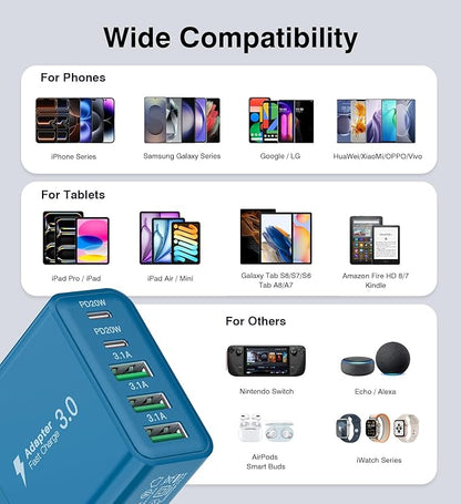 [2-Pack] USB C Wall Charger, 60W Fast USB C Charger Block, 5-Port PD Power Adapter + QC Wall Plug Multiport Type C Charging Block Cube Compatible with iPhone 17 16 15 14 13 12 Pro Max XR XS, Blue