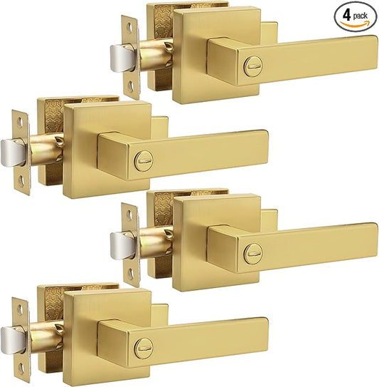 Probrico Heavy Duty Flat Gold Door Handles Square Privacy Interior Door Levers Bedroom and Bathroom Door Handles Keyless Bed/Bath Lockset (4 Pack)