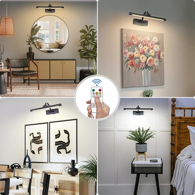 Wireless Battery Operated Picture Light,Rechargeable Wall Light with Remote and Timer,15.75 Inch Black Dimmable Painting Light,3CCT with Adjustable Swing Arm for Display Gallery Lighting