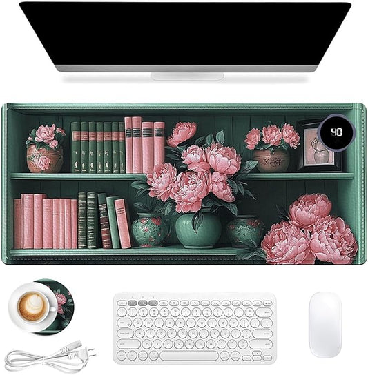 Heated Mouse Pad 31.5x13 in 3-Temp Fast Heating Desk Mat with Auto Timer Warmer for Hands Wrist Pain Relief Waterproof Keyboard Mat for Office, Gaming, Home, Vintage Floral Bookshelf