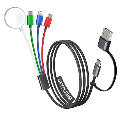Travel Essentials, 4 in 2 Multi Charging Cable for Apple Watch Charger/iPhone Charger,USB C Cable Cord for iPhone 17-11/iWatch Ultra/10-2/Galaxy S25-S20, Android Phones, MP3-MultiColor,4FT
