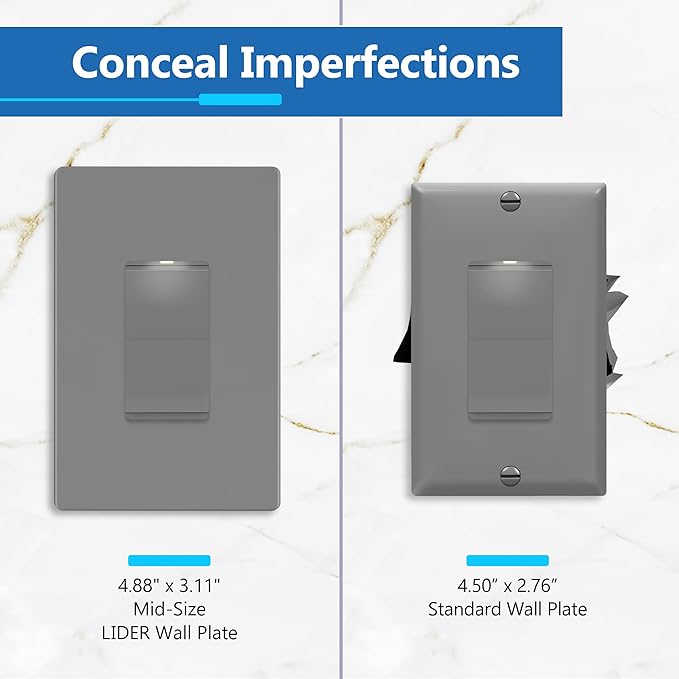 LIDER Matte Finish Decorator Switch Cover, Screwless Wall Plate, Mid-Size 1-Gang 4.88" x 3.11", Unbreakable Polycarbonate Thermoplastic, UL Listed, LSWP-31M-GY10P, Gray, 10 pack