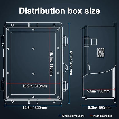 Outdoor Electrical Junction Box with High Power Outlet, ABS Water Resistant Enclosure with Internal Mounting Panel & Hinged Cover. (18.1" H* 12.6" L* 6.3" W & Outlet)