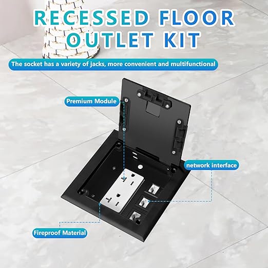 KYHSHJ Recessed Flat Hidden Socket Kit with 20 Amp Stainless Steel TR Receptacle Outlet Stainless+3-Port RJ45 Datacom Receptacle.Internal Height Adjustable，Corrosive Resistant Hardware，Black