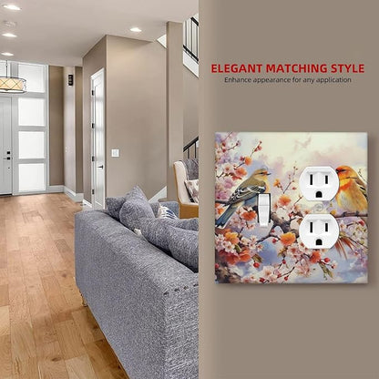 Decorative Outlet Covers Birds Sitting on Tree Branch Pink Flower 2 Gang Wall Plate Single Toggle Duplex Light Switch Cover Switch Plate Covers Faceplate for Bedroom Home Decor