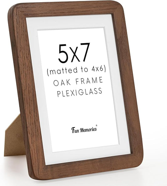 5x7 Picture Frame, 5 by 7 Photo Frame for Wall & Tabletop Display, Solid Oak Wood Frames with Plexiglass, 5x7 Frame Matted to 4x6, Light Wood 5 x 7 Picture Frame for Home Decor, Walnut Color, 1 Pack