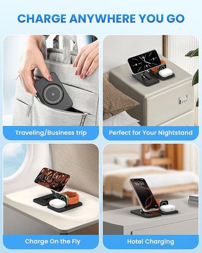 Charging Station Magnetic for iPhone Mag-Safe: JoyGeek 3 in 1 Foldable Wireless Charger for iPhone 16-12 Pro Max Plus, Travel Charger for AirPods, A-pple Watch 10-2 Series