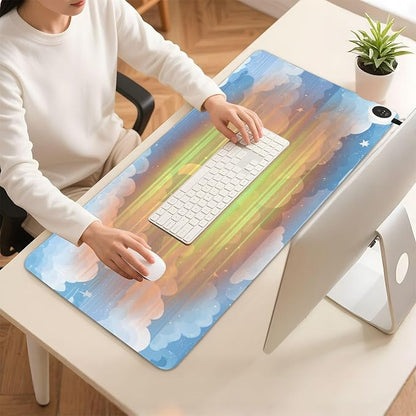Heated Desk Pad Mouse Pad 31.5x13 Inch PU Leather Desk Mat with 3 Heat Levels Large Mouse Gaming Computer Laptop Mat Blue Gradient Cloud and Stars