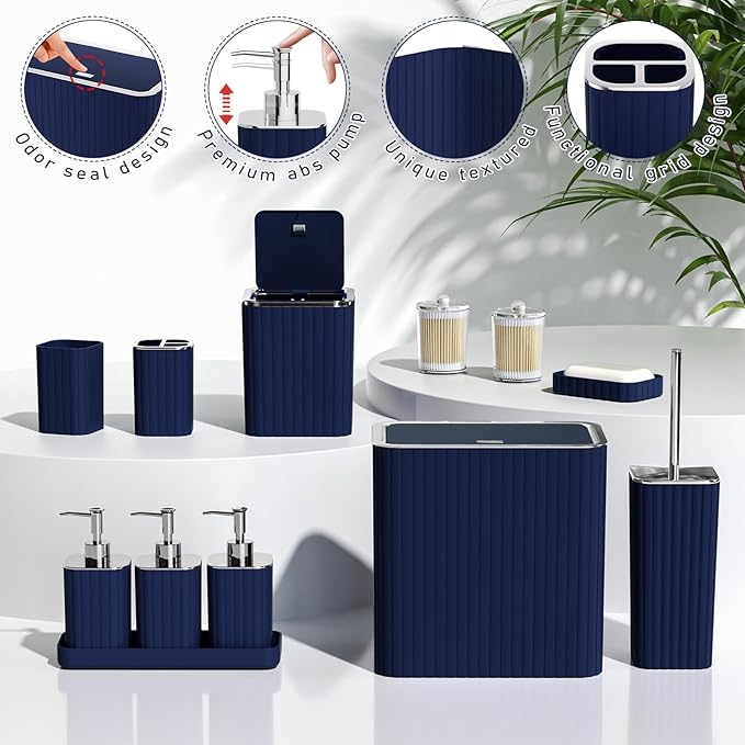Bathroom Accessory Set - Bathroom Set, 12PC Bathroom Accessories Set, Blue Bathroom Accessories Set, Mini Trash Can, Toilet Brush, Trash Can & Soap Dispenser