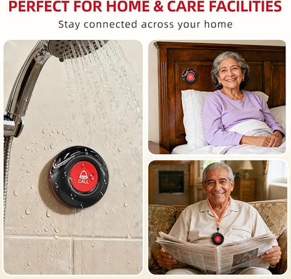 CallToU Wireless Caregiver Call Button Elderly Monitoring Alert Systems for Seniors 1 Plugin Receiver 2 Waterproof Transmitters
