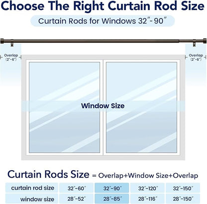 2 Pack Curtain Rods for Windows 48 to 84 Inch(4-7ft), 1 Inch Bronze Adjustable Heavy Duty Long Curtain Rod Set, Modern Style Outdoor Drapery Rods for Patio Bedroom, Size 32"- 90"