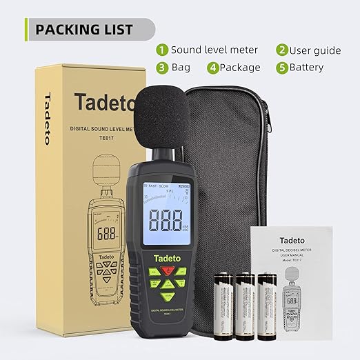 Decibel Meter, Tadeto Digital Sound Level Meter Portable SPL Meter 30dB to 130dB(5 Measurement Range) Backlight LCD Display, MAX/MIN Noise Measurement, Audible and Visual Alarms,Data Hold, A/C Mode