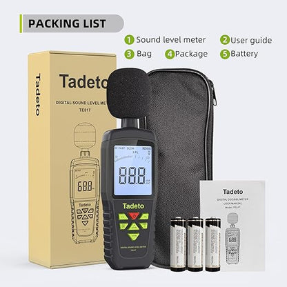 Decibel Meter, Tadeto Digital Sound Level Meter Portable SPL Meter 30dB to 130dB(5 Measurement Range) Backlight LCD Display, MAX/MIN Noise Measurement, Audible and Visual Alarms,Data Hold, A/C Mode