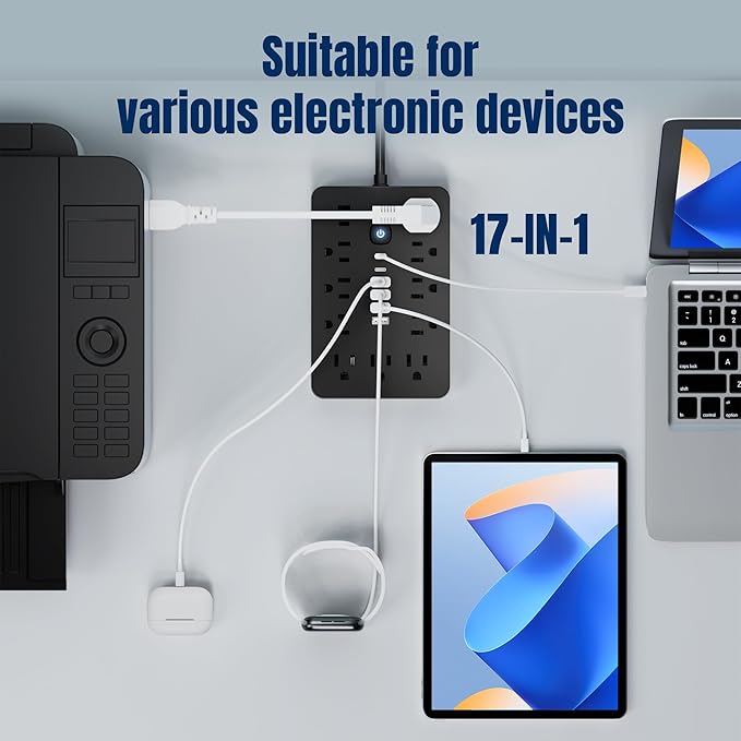 2PCS 6 FT Flat Plug Surge Protector Power Strip,11 Multiple AC Outlets with 6 USB Ports (2 USB C), 6 Feet Extension Cord, 1250W/10A, One Touch Switch Button, 17 in 1 Compact powerstrip