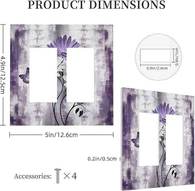 Purple Daisy White Floral Butterfly Flowers Outlet Covers Light Switch Cover Plate 2 Gang Double Rocker Wall Plates Decorative Switch Plates Plug Cover Electrical GFCI Receptacle for Home 4.9 X 5 IN